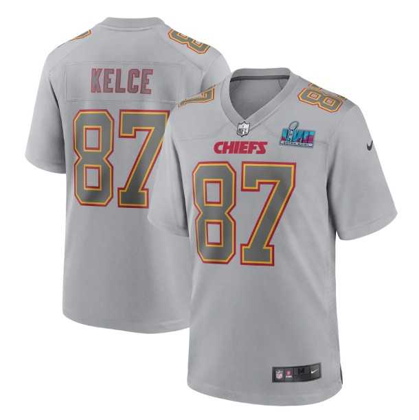 Mens Kansas City Chiefs #87 Travis Kelce Gray Super Bowl LVII Patch Atmosphere Fashion Stitched Game Jersey